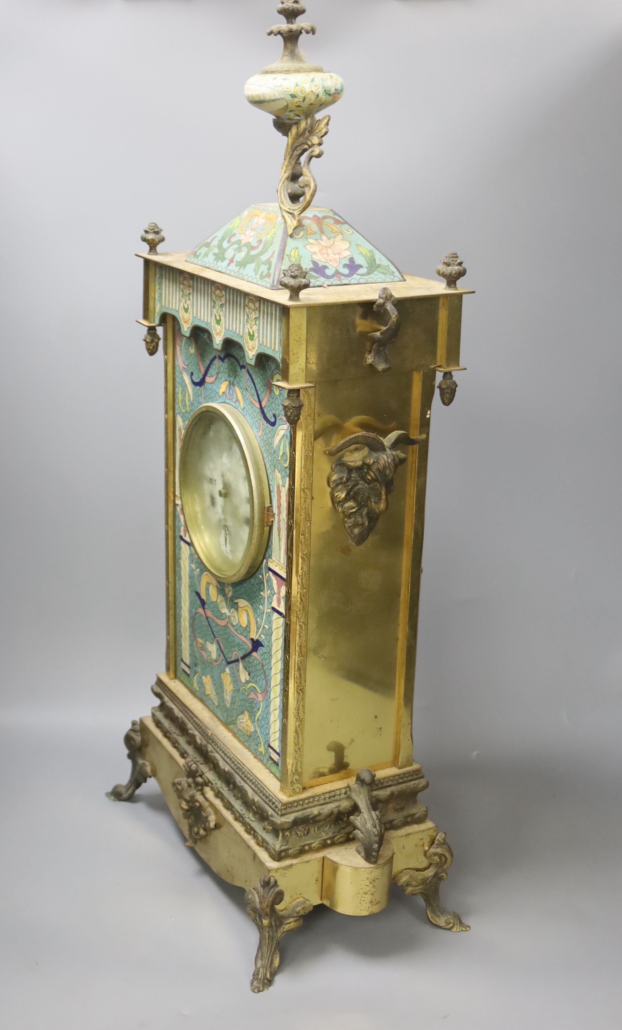 A brass and cloisonné enamel mantel clock, height 67cm